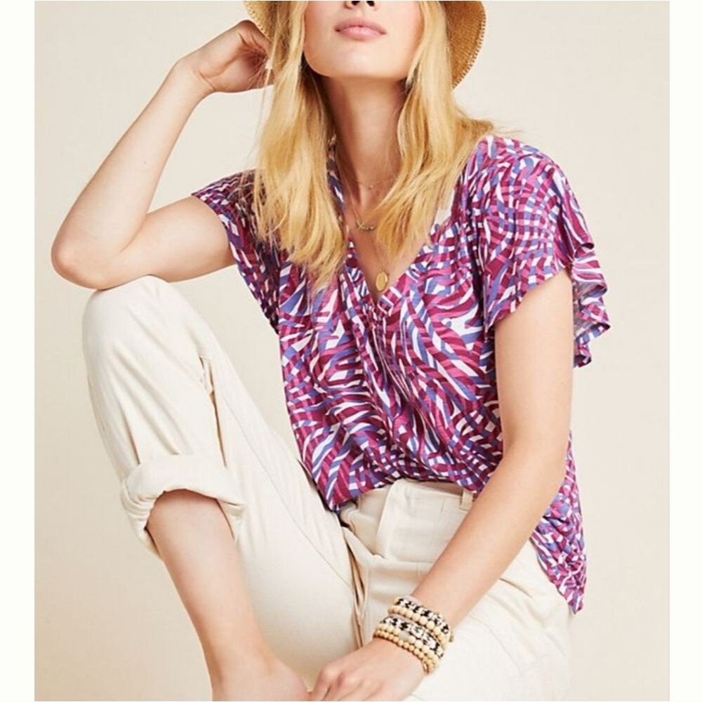 t.LA Anthropologie Wayfaring Tee Zebra Print Top Tee T-Shirt Pink Purple Cotton